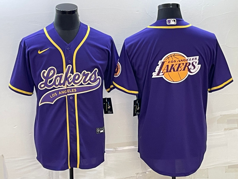 Men's Los Angeles Lakers Purple Team Big Logo Cool Base Stitched Baseball Jersey Men's Los Angeles Lakers Purple Team Big Logo Cool Base Stitched Baseball Jersey